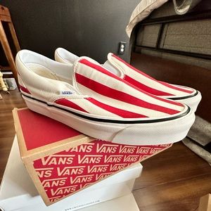 VANS OG Factory Red and Cream Striped Slip Ons Women’s Size 11 BNIB